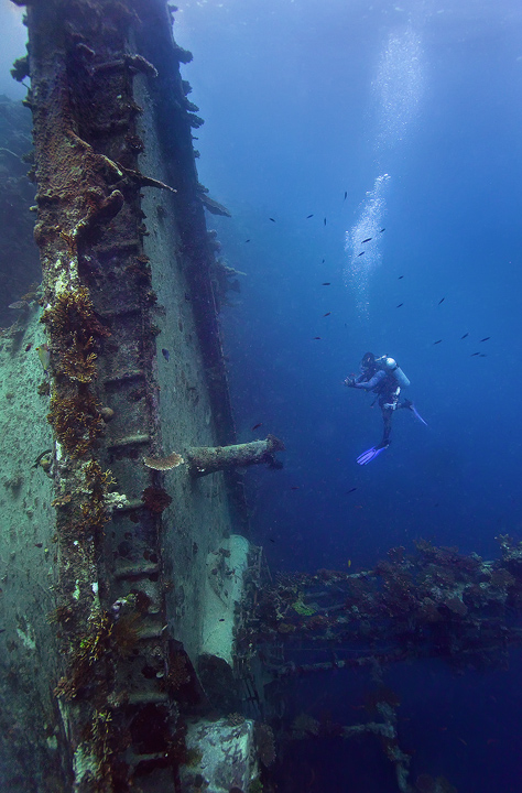 The Taiyo Fishing Boat is 300 feet long and on it's maiden voyage, it crashed into this reef and sunk vertically. The bow is...